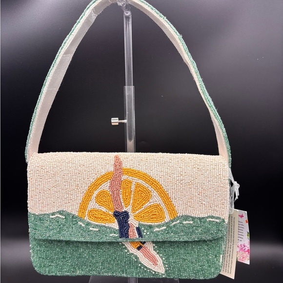 Made in India Handbags - Made in India Diver Beaded Shoulder Bag- Green and Cream